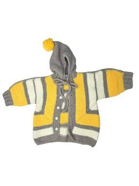 Handmade Hooded Baby Cardigan With Yellow & Gray Stripes JJ4383